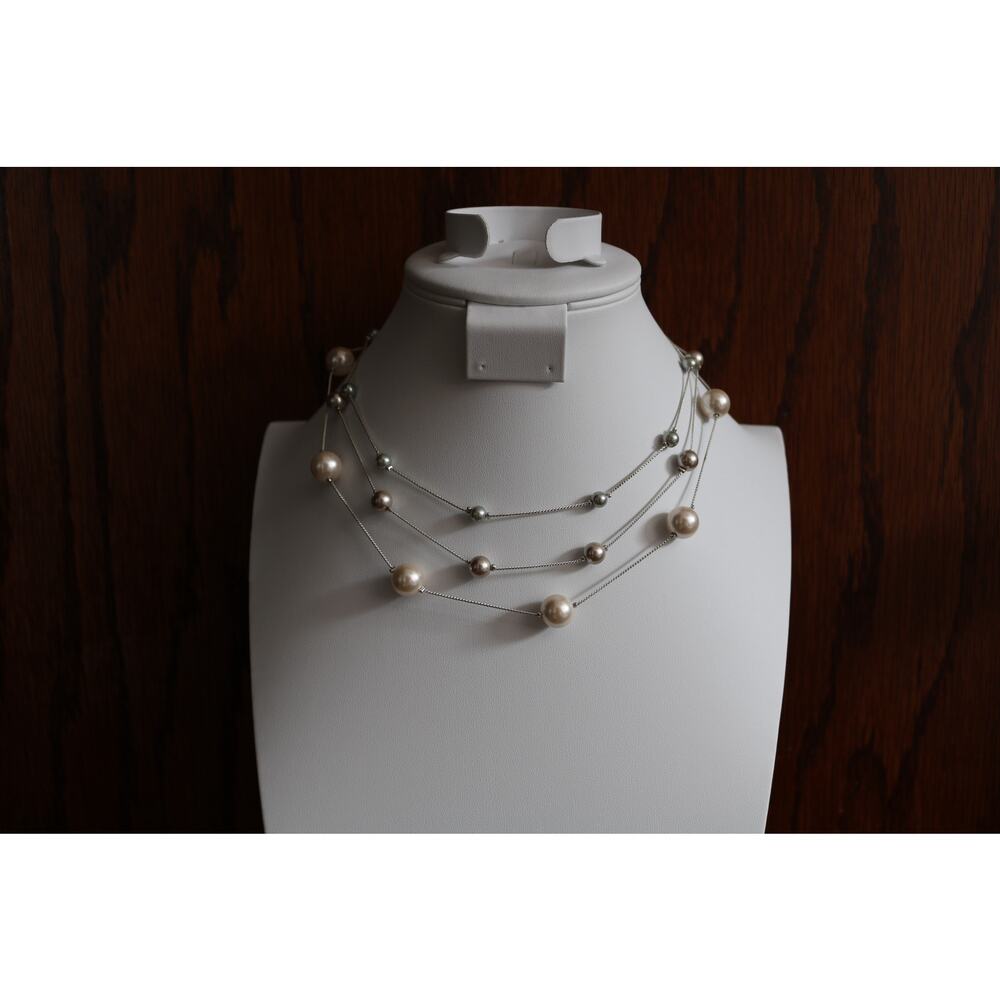 Faux PEARL Three Strand Necklace Womens Cream Pink 9in Rondelle Spacers Elegant - Picture 7 of 8